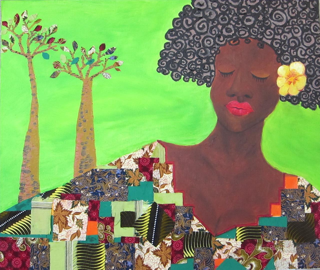 schwarze Frau und Baum im grünen Dekormuster afrikanisch Ölgemälde